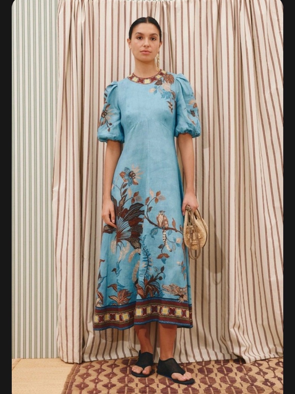 ALEMAIS Georgie Midi Dress Linen vintage flower printed blue women
